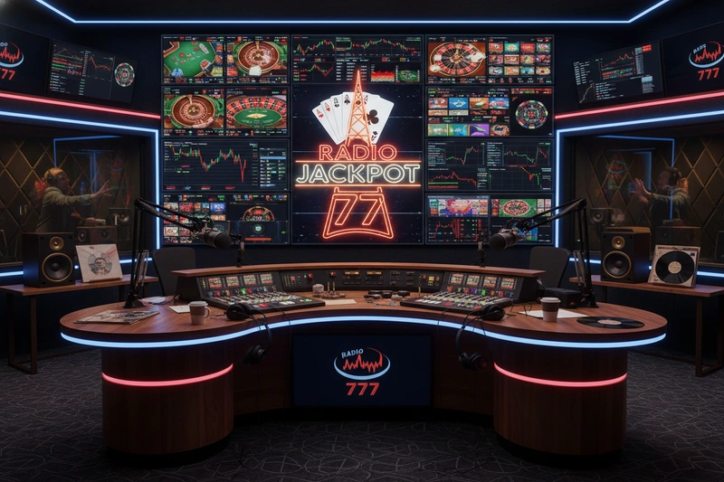 Modern casino-themed radio studio with gaming displays and broadcast equipment