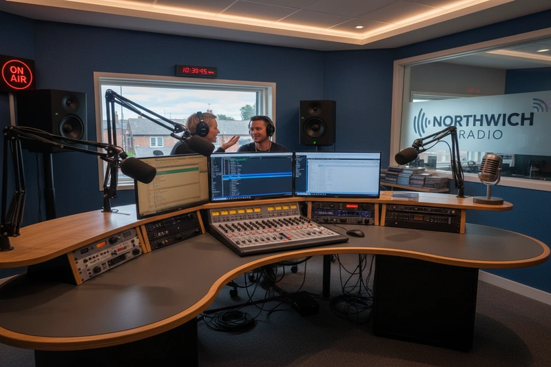 Radio broadcasting studio in Northwich showing equipment and microphones