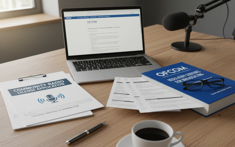 Community radio license application documents and Ofcom regulatory guidelines on desk