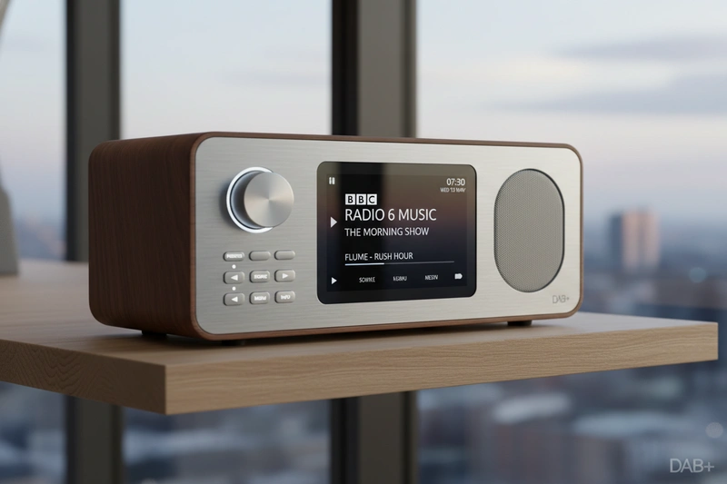 Modern DAB digital radio receiver displaying station information and controls