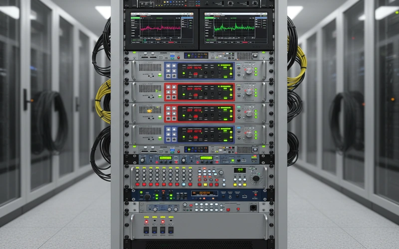 Professional FM radio transmitter equipment rack showing multiple units and monitoring displays