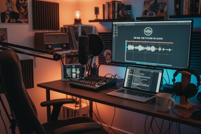 Podcast recording setup with microphone and computer screen