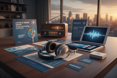 Radio advertising concept with headphones and marketing materials