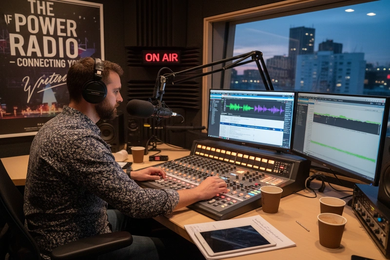 Radio DJ working at mixing console with headphones during live broadcast